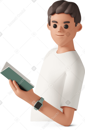 3D side view of young man wearing smart watch and holding book PNG, SVG