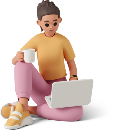 Frau sitzt auf dem boden mit tasse in der hand und laptop am bein PNG, SVG