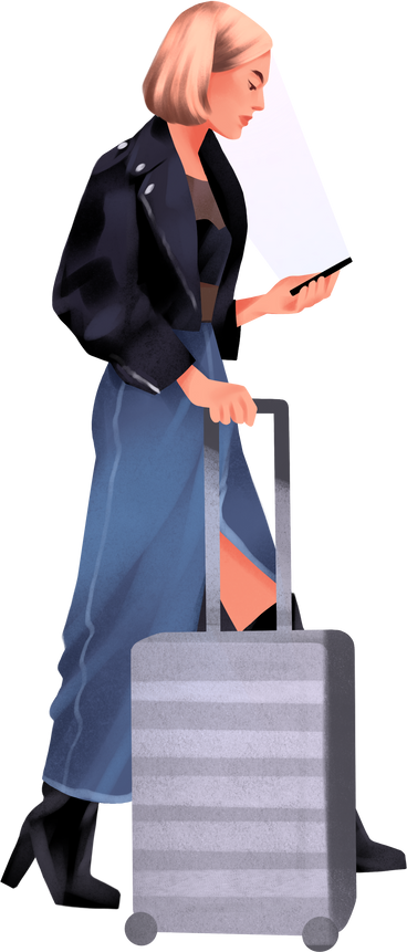 girl with a suitcase is going somewhere, looking at her phone PNG, SVG