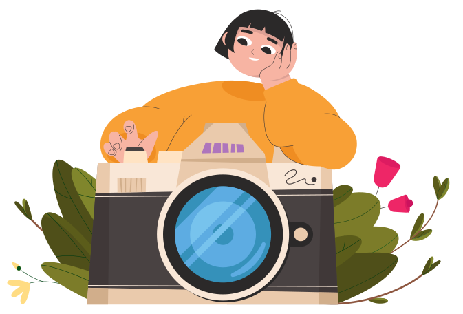 Girl taking pictures with a large camera with flowers and plants Illustration in PNG, SVG