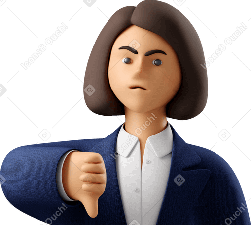 3D close up of angry businesswoman in blue suit showing thumbs down PNG, SVG