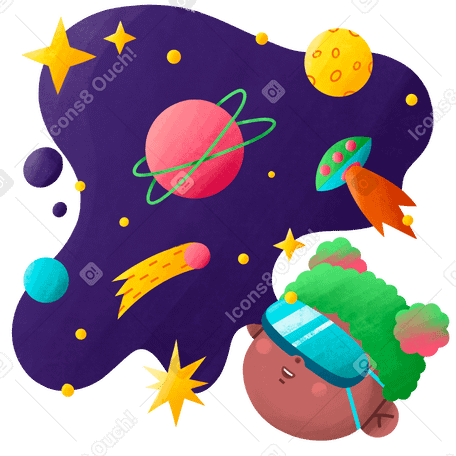 Girl in virtual reality headset in space Illustration in PNG, SVG