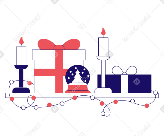 Ilustración animada de Regalos de navidad, velas y un globo de cristal. en GIF, Lottie (JSON), AE