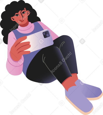 Mujer joven con cabello afro sentada y tomando una selfie PNG, SVG