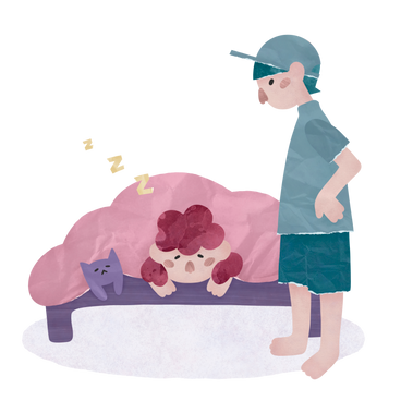 Boy looking at sleeping cat and boy PNG, SVG