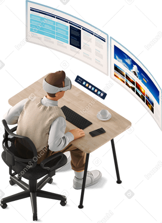 3D 戴着 vr 眼镜的年轻人坐在办公桌前 PNG, SVG