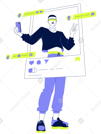 Young man with a phone publishing a post on a social network PNG, SVG