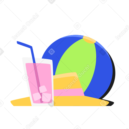 Drink with ice and straw, a beach ball and a hat PNG, SVG