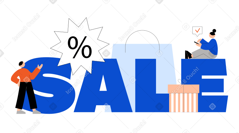 Text sale lettering with discounts and people shopping PNG, SVG