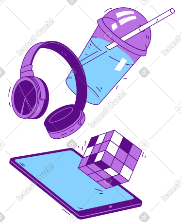 用于游戏和娱乐的平板电脑、耳机、魔方和饮料 PNG, SVG
