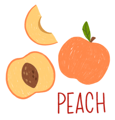 Персик, половина персика, ломтик персика и надпись в PNG, SVG