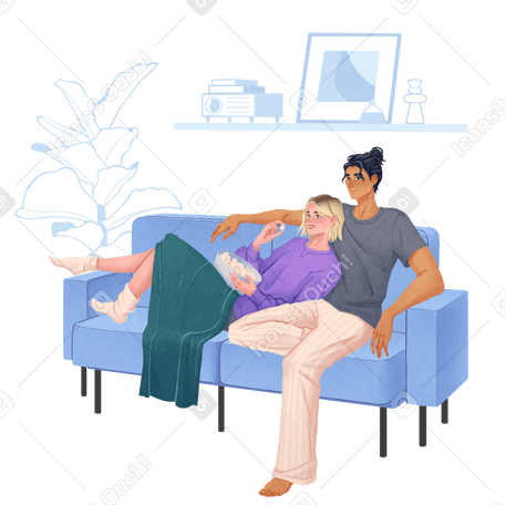 Man and woman sitting on sofa with popcorn Illustration in PNG, SVG