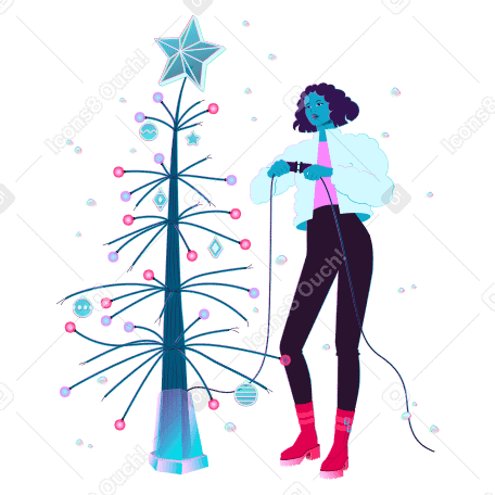 Mujer joven decora un árbol de navidad cibernético PNG, SVG