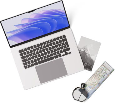 Vista superior do laptop, mapa, frasco de perfume, cartão postal PNG, SVG
