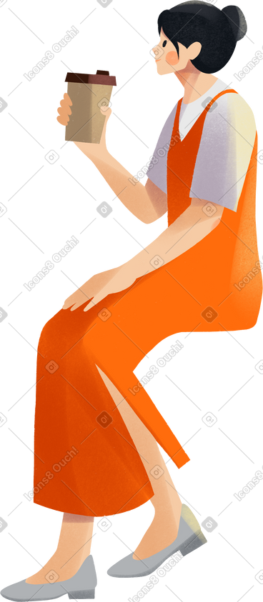 Young woman in orange dress sitting and drinking coffee PNG, SVG