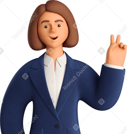 3D businesswoman in blue suit with peace sign hand Illustration in PNG, SVG