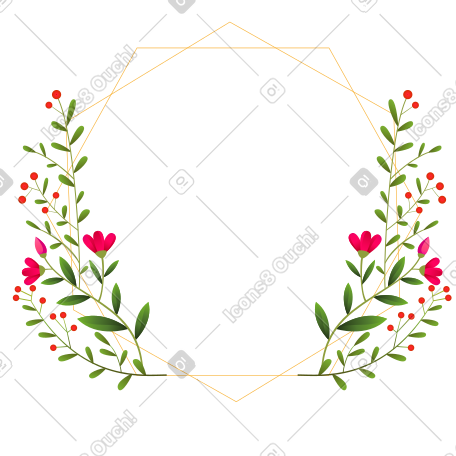 粉红色的小花位于金色菱形细框的两侧 PNG, SVG