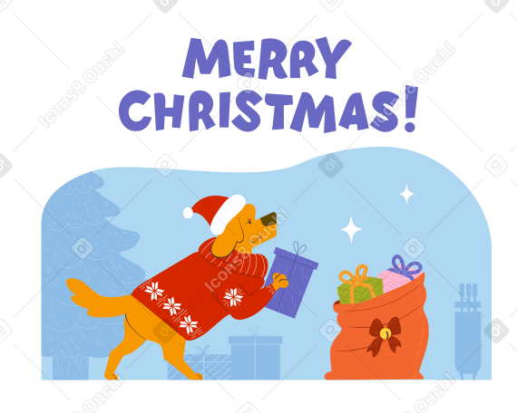 Merry Christmas text and dog collects gifts in a bag PNG, SVG