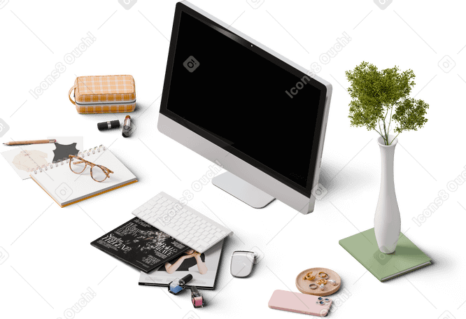 3D isometric view of desk with smartphone monitor and fashion magazines PNG, SVG