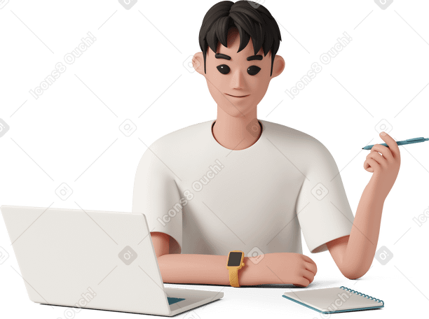 3D young man with laptop making notes on notepad PNG, SVG