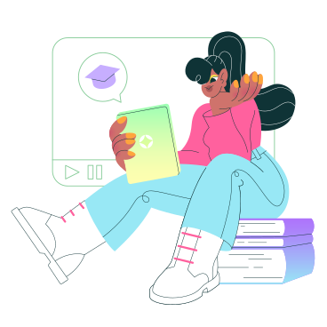 Девушка сидит на стопке книг и учится онлайн в PNG, SVG