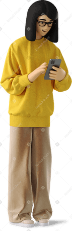 3D young woman in casual clothes and glasses standing with phone PNG, SVG
