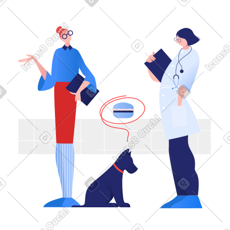 带着狗的女人在兽医诊所思考食物和动物医生 PNG, SVG