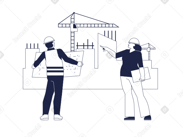Male builder and female architect at the construction site Illustration in PNG, SVG
