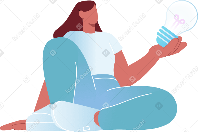 Сидящая женщина с лампочкой в руках в PNG, SVG