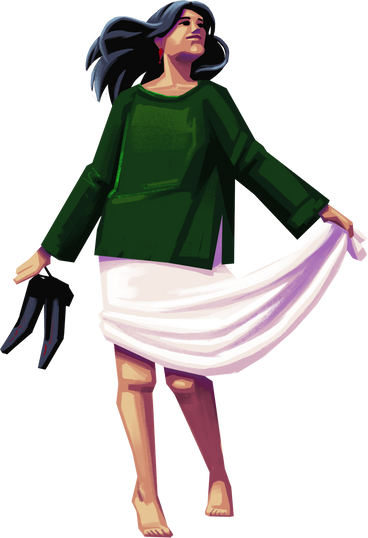 Woman walking and holding her shoes and a skirt PNG、SVG
