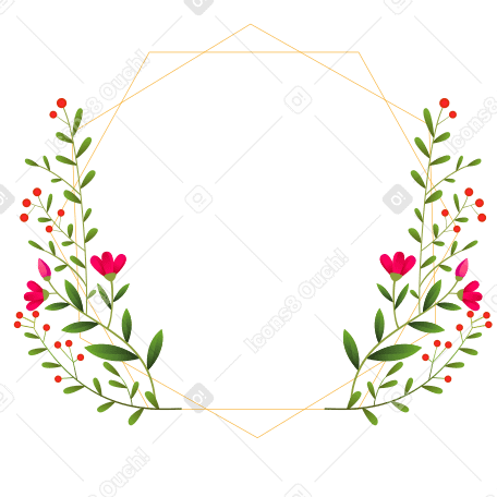 Piccoli fiori rosa situati ai lati di una sottile cornice dorata a forma di diamante PNG, SVG