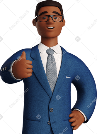 3D black businessman in blue suit giving thumbs up PNG, SVG