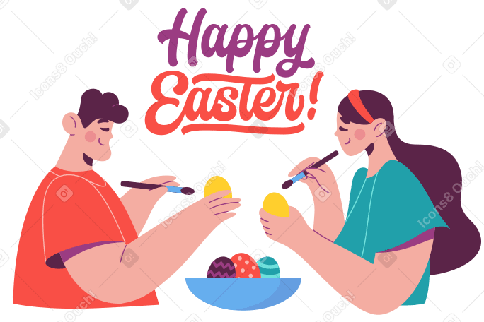 Надпись «счастливой пасхи» с девушкой и парнем, красящими текст пасхальных яиц в PNG, SVG