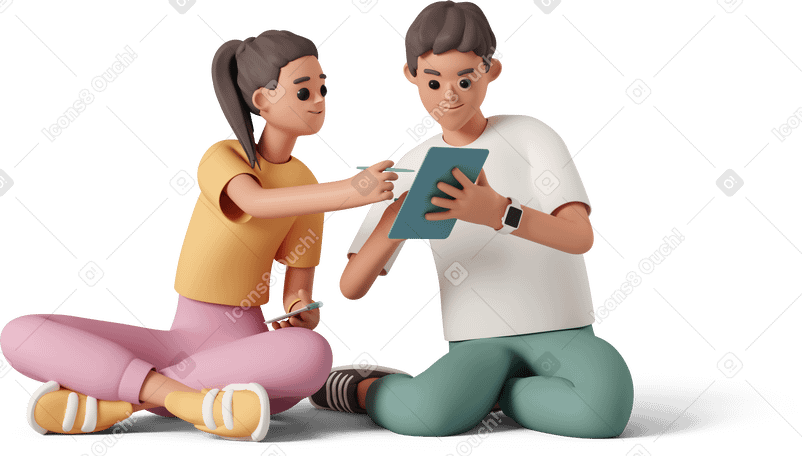 Illustration 3D Fille et garçon assis avec tablette aux formats PNG, SVG