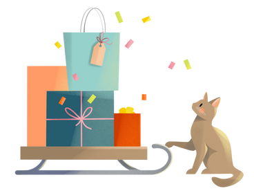Cat is sitting next to the sleigh with gifts PNG, SVG