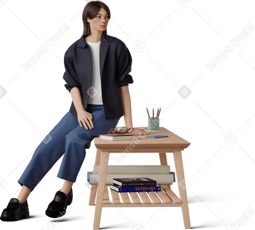 3D young woman sitting on coffee table PNG、SVG