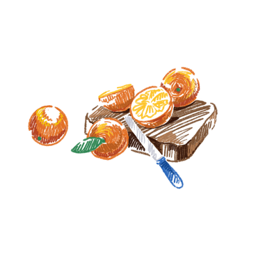 Oranges and knife on a cutting board PNG, SVG
