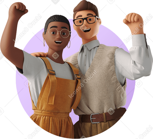 3D young man and woman raising their fists up PNG, SVG
