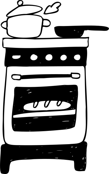 Плита и духовка с кипящей кастрюлей, сковородой и хлебом в PNG, SVG