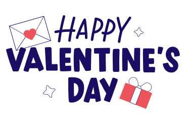 Schriftzug „fröhlicher valentinstag“ mit einer geschenkbox und einem umschlag PNG, SVG