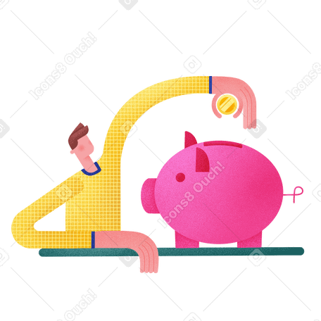 Man in the yellow shirt puts a coin in the piggy bank Illustration in PNG, SVG