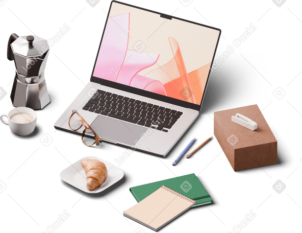 3D Изометрический вид на ноутбук, кофейник, чашку кофе и круассан в PNG, SVG