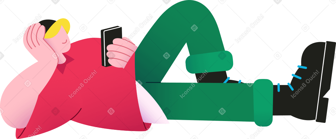 man with beanie lying and holding his smartphone PNG, SVG