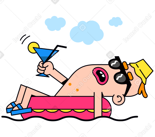Relaxing man with a cocktail in his hands floats on a donut Illustration in PNG, SVG