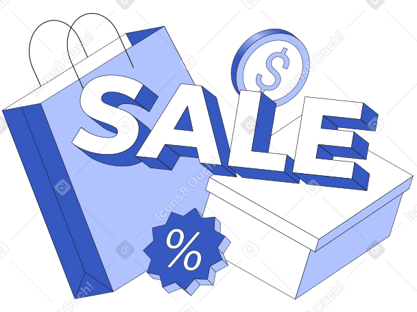 Lettering Sale with bag, box and percent sign text PNG, SVG