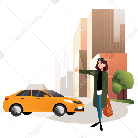 Garota na frente da cidade pegando um táxi PNG, SVG