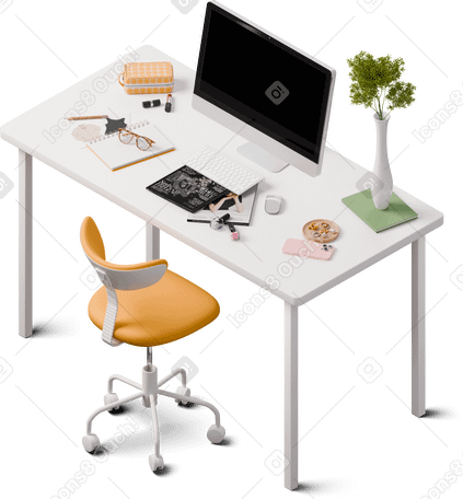 3D isometric view of desk with fashion magazine в PNG, SVG