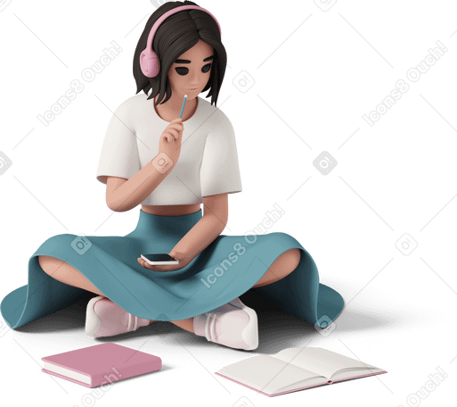 3D young woman sitting on floor in headphones PNG, SVG
