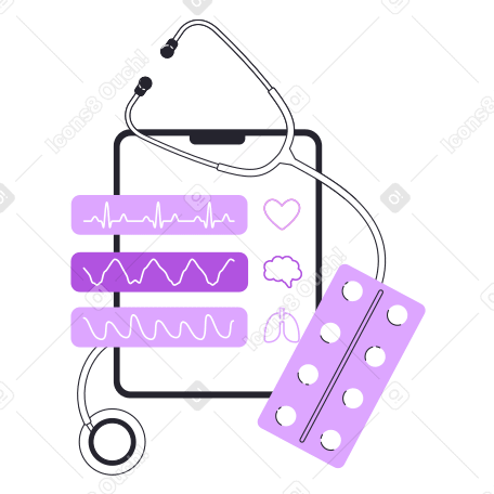Check up results on tablet with stethoscope and pills Illustration in PNG, SVG