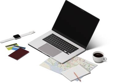 Visão isométrica de laptop, smartwatch, mapa, cartões de crédito e passaporte PNG, SVG